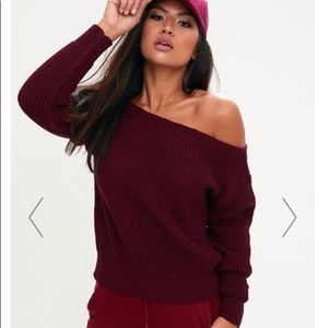 Burgundy Off Shoulder Knitted Crop Sweater